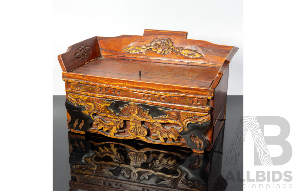 Vintage Asian Calligraphy Box with Hand Carved Detail, Lift Up Lid and Side Drawer