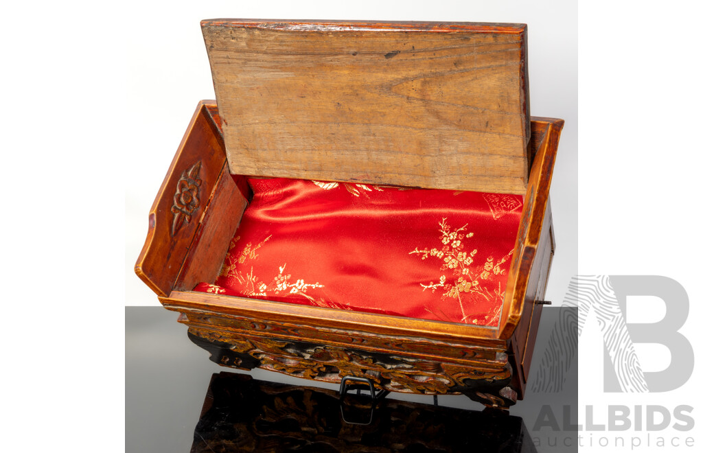 Vintage Asian Calligraphy Box with Hand Carved Detail, Lift Up Lid and Side Drawer