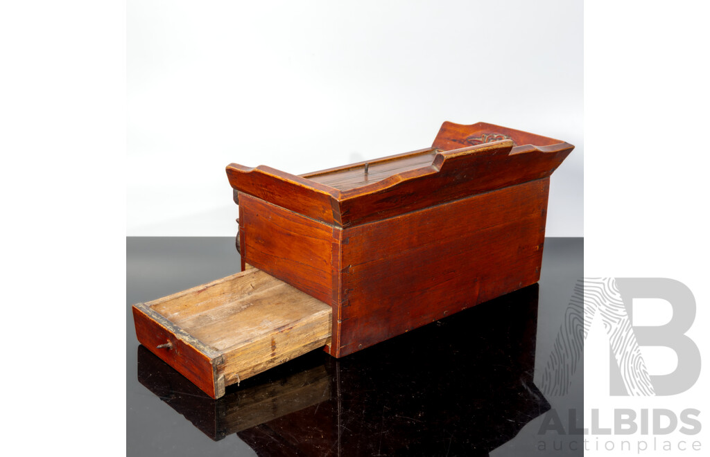 Vintage Asian Calligraphy Box with Hand Carved Detail, Lift Up Lid and Side Drawer