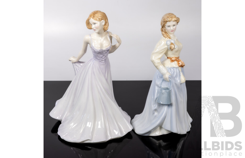 Pair Royal Doulton Porcelain Lady Figures Comprising Fair Maid HN 4222 in the Country Maid Collection & Claudia in the in Vogue Series, HN 4320