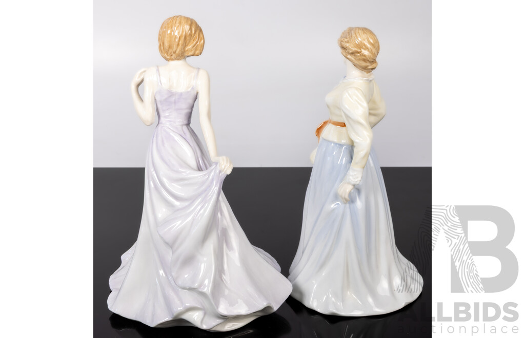 Pair Royal Doulton Porcelain Lady Figures Comprising Fair Maid HN 4222 in the Country Maid Collection & Claudia in the in Vogue Series, HN 4320