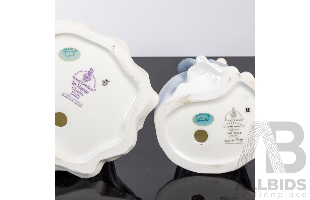 Pair Royal Doulton Porcelain Lady Figures Comprising Fair Maid HN 4222 in the Country Maid Collection & Claudia in the in Vogue Series, HN 4320