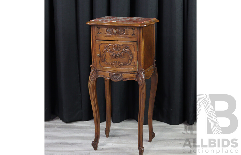 French Elm Elevated Bedside Cabinet with Rouge Marble Top