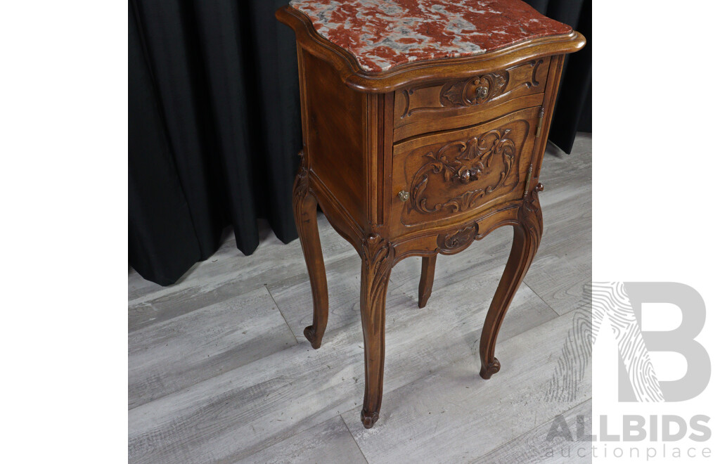 French Elm Elevated Bedside Cabinet with Rouge Marble Top
