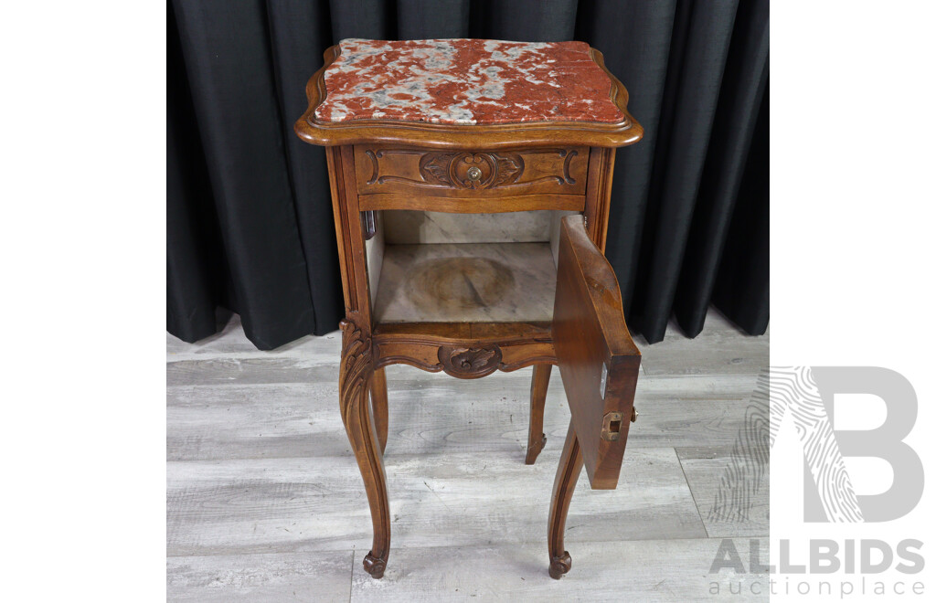 French Elm Elevated Bedside Cabinet with Rouge Marble Top