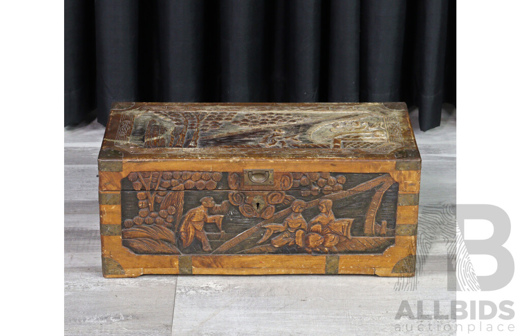 Vintage Chinese Camphor Wood Lidded Box with Carved Scenes to Top & Front & Copper Detail