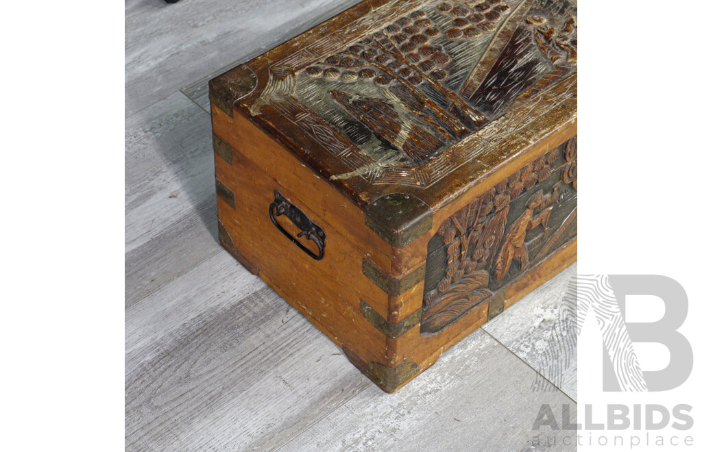 Vintage Chinese Camphor Wood Lidded Box with Carved Scenes to Top & Front & Copper Detail