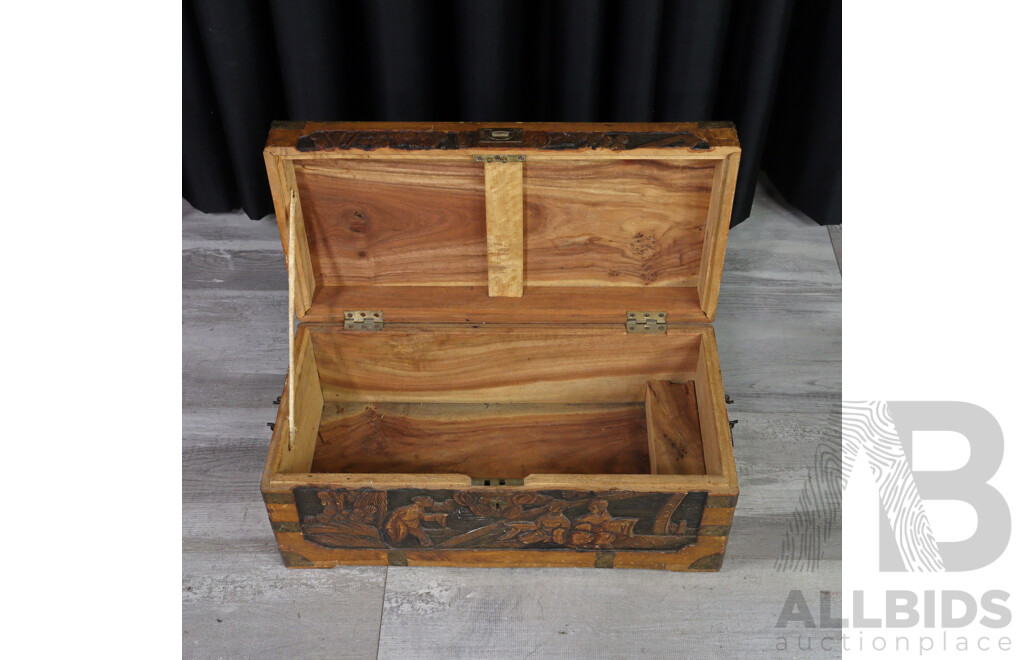 Vintage Chinese Camphor Wood Lidded Box with Carved Scenes to Top & Front & Copper Detail