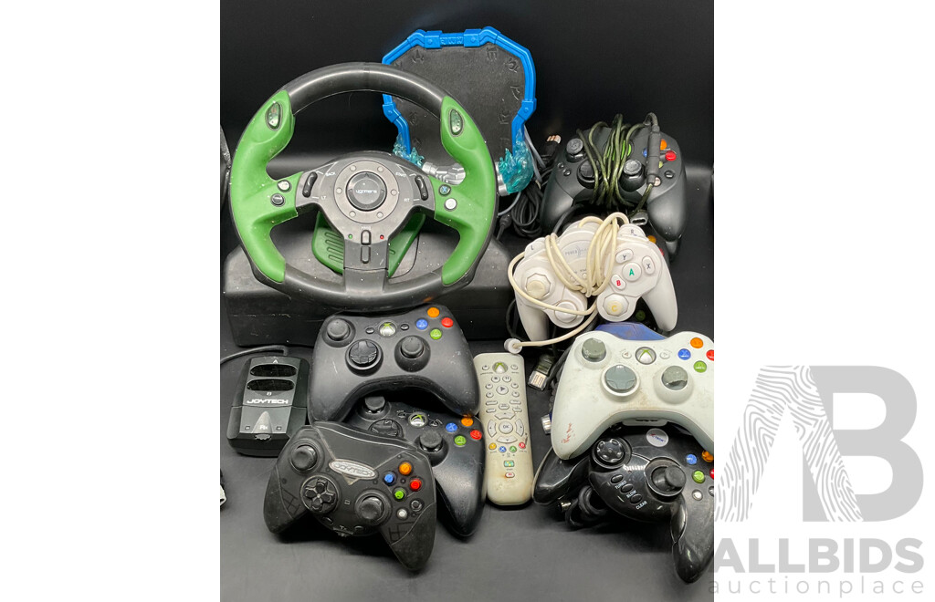 Assortment Xbox Controllers Including Xbox Steering Wheel, Skylanders Xbox Portal, Joytech Original Xbox Receiver, Xbox Remote Control and Wired and Wireless Controllers (x12)
