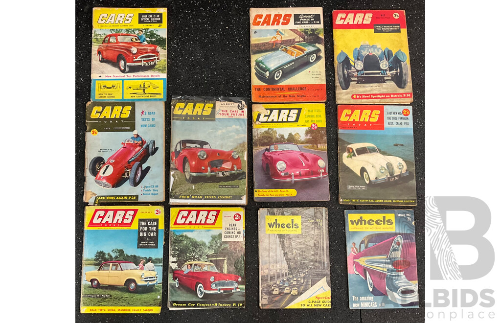 Collection of 11 Vintage Magazines,  Including CARS Today (1954-56) and WHEELS (1654,1957)