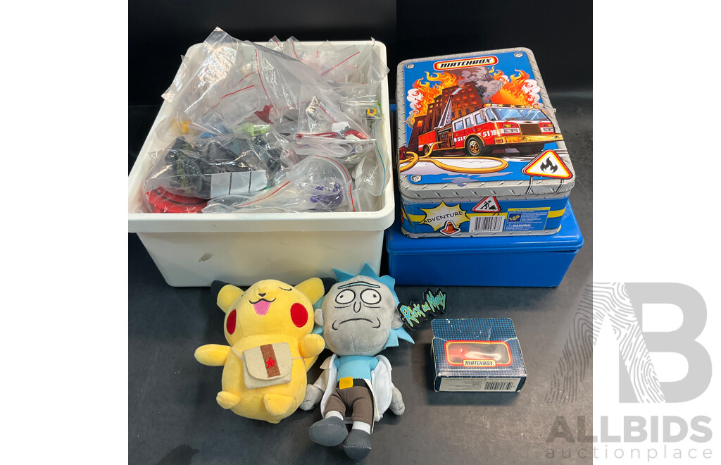 Assorted Action Figure Parts /Accessories & 2 Model Car Storage Box & More