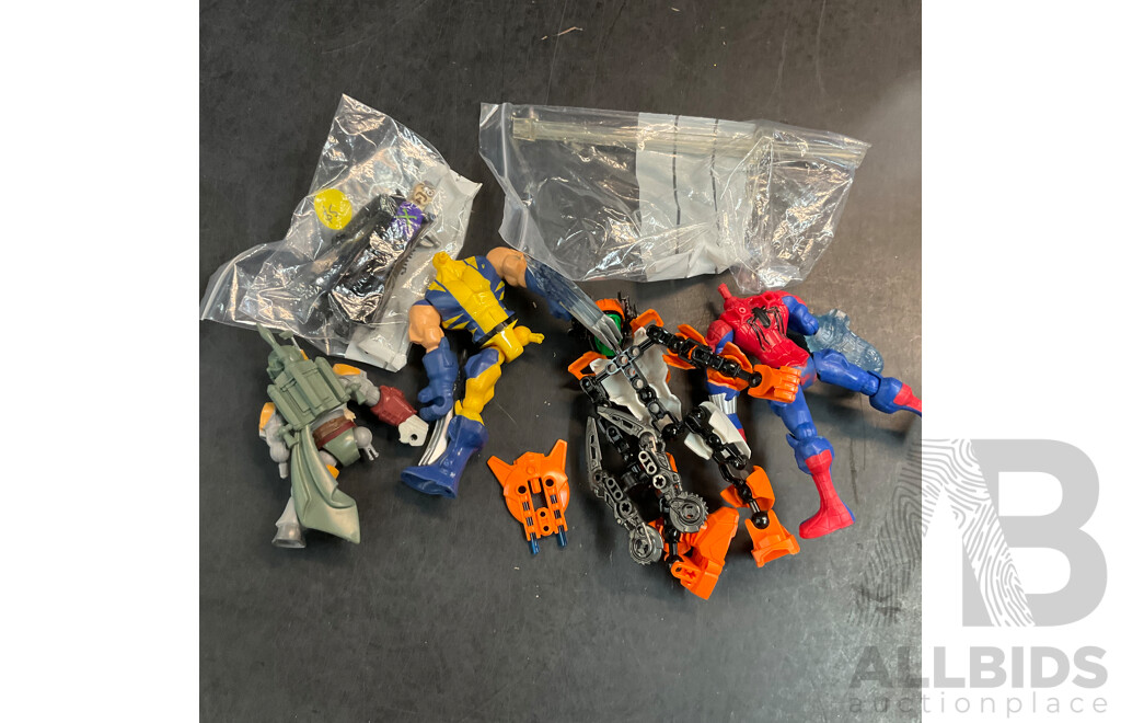 Assorted Action Figure Parts /Accessories & 2 Model Car Storage Box & More