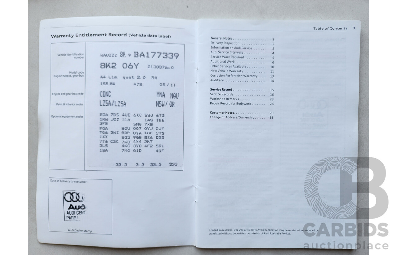 2/2012 Audi A4 2.0 TFSI Quattro B8 (8K) MY12 4d Sedan Blue 2.0L
