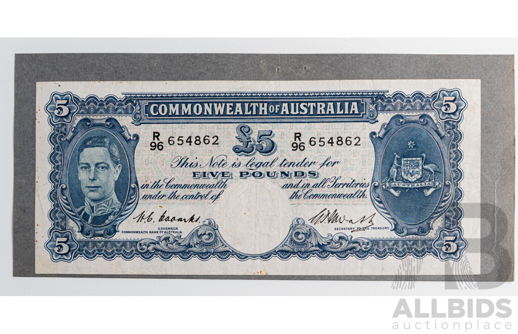 Australian 1949 Five Pound Note, Coombs/Watt R47, R96 654862