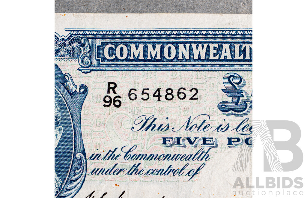 Australian 1949 Five Pound Note, Coombs/Watt R47, R96 654862