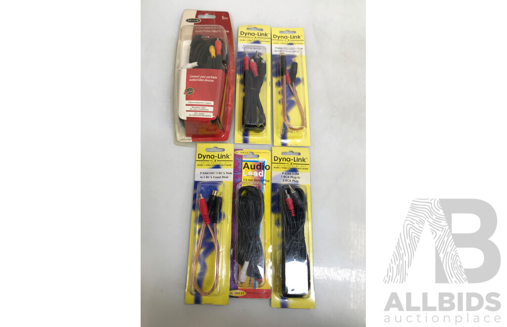 Dyna-Link, Belkin, and Howest Assorted Audio/Video RCA Plugs and Cables/Connectors