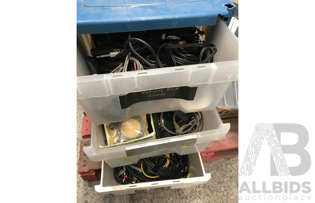 Bulk Lot of Assorted AV Equipment and Supplies Including RCA Leads, Cables, Speakers, and More