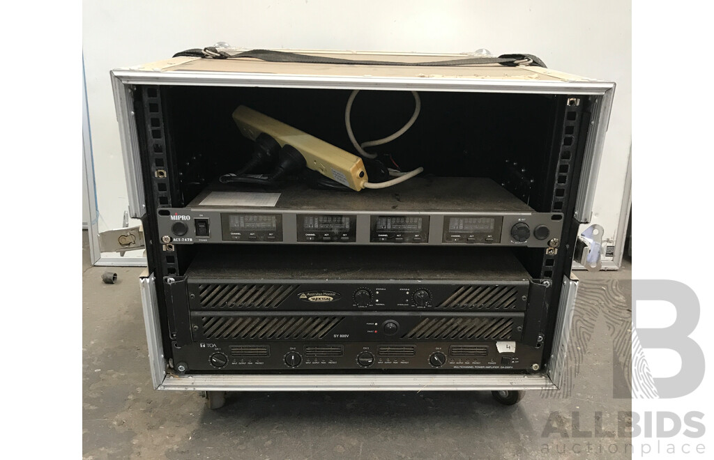Australian Monitor MiPro, and TOA Channel Amplifiers and Receiver in Wheeled Road Case