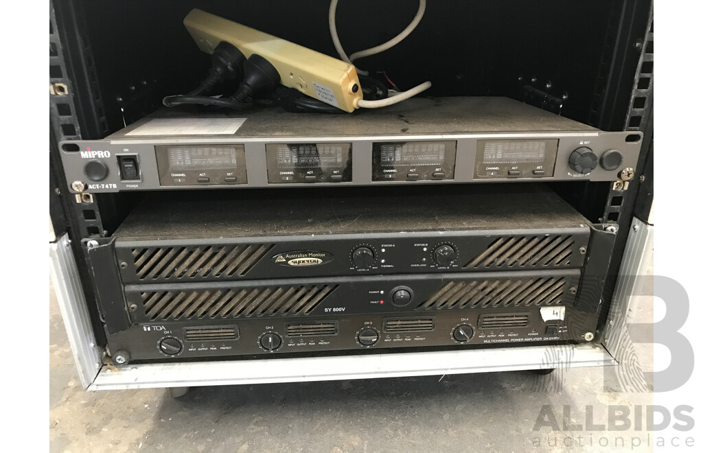 Australian Monitor MiPro, and TOA Channel Amplifiers and Receiver in Wheeled Road Case