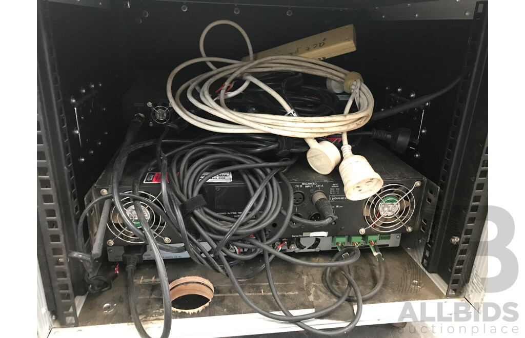 Australian Monitor MiPro, and TOA Channel Amplifiers and Receiver in Wheeled Road Case