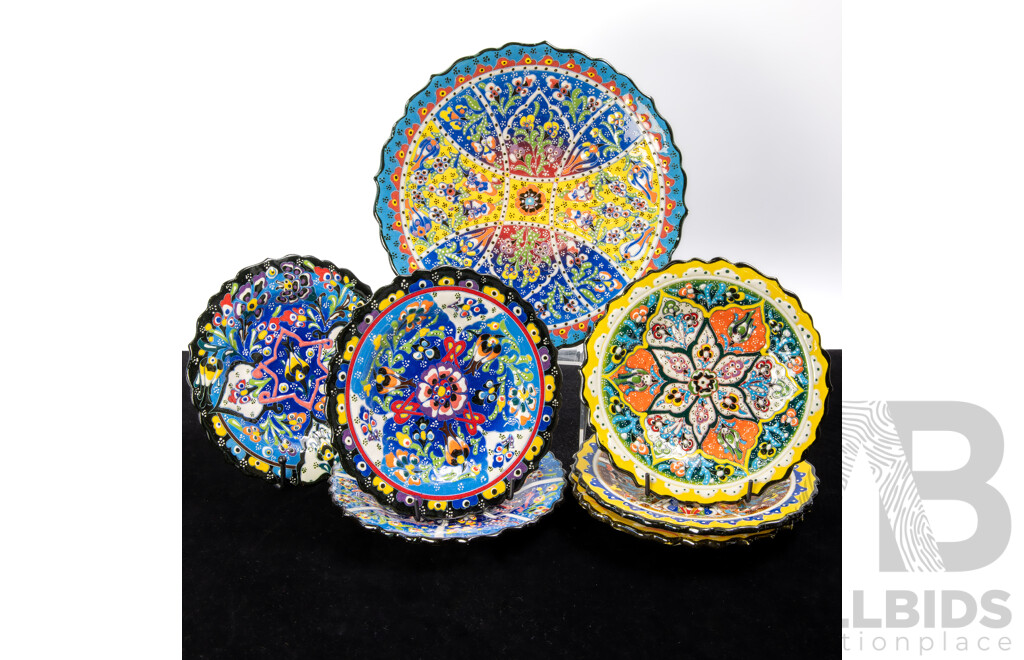 Collection Seven Hand Painted Turkish Iznik Ceramic Display Plates