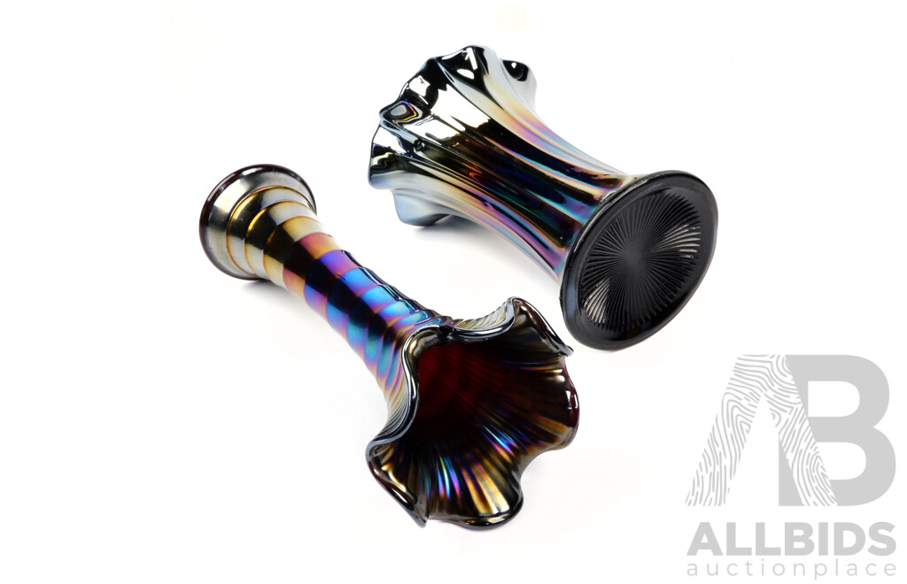 Two Vintage Black Iridescent Carnival Glass Vases