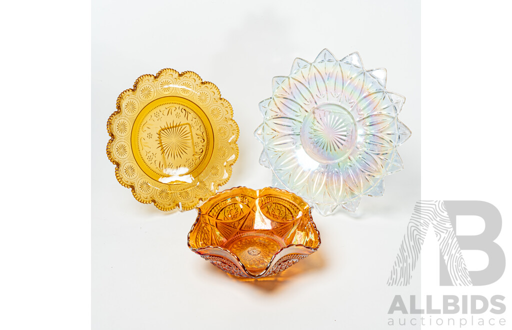 Collection Three Vintage Carnival Glass Plates Including Clear Iridescent Example and More