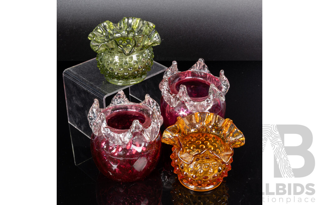 Pair Antique Hobnail Glass Vases Along with Pair Antique Ruby Glass Vases with Applied Glass Detail to Rim