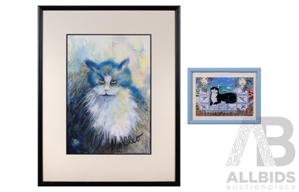 Shirley Stott Despoja OAM, (Australian, 1936-), Cleo, Watercolour & Pastel, 56 x 44 cm (fr.) & Rafael Saldana (Spanish-Australian, 1930-2000), Cat of Nine Tales, Card Print of Original, 17 x 22 cm (fr.) (2)