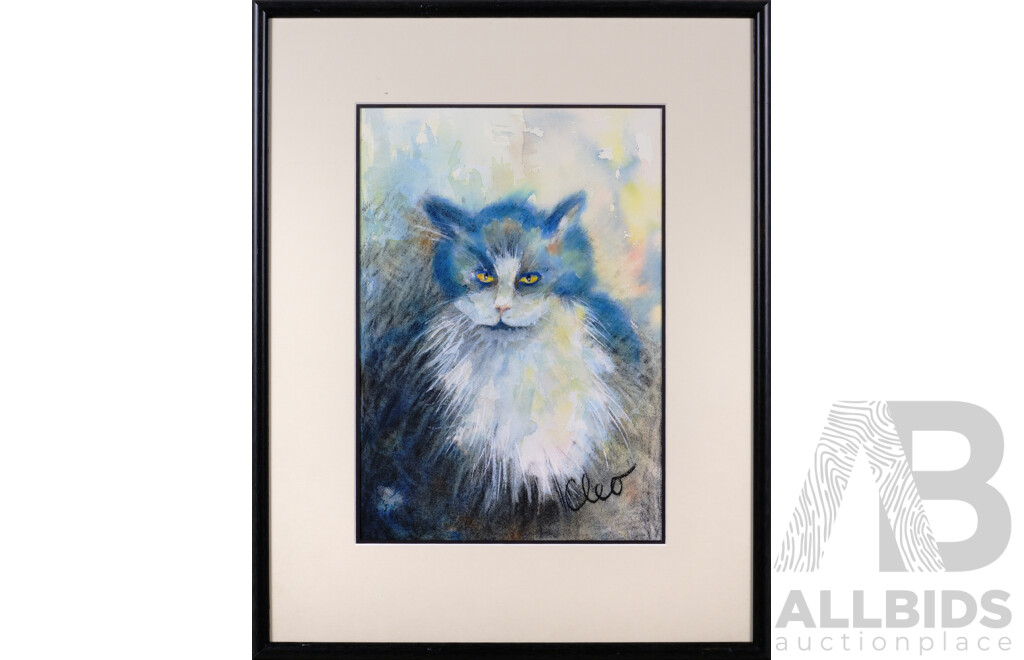 Shirley Stott Despoja OAM, (Australian, 1936-), Cleo, Watercolour & Pastel, 56 x 44 cm (fr.) & Rafael Saldana (Spanish-Australian, 1930-2000), Cat of Nine Tales, Card Print of Original, 17 x 22 cm (fr.) (2)