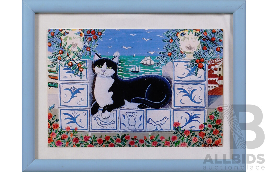 Shirley Stott Despoja OAM, (Australian, 1936-), Cleo, Watercolour & Pastel, 56 x 44 cm (fr.) & Rafael Saldana (Spanish-Australian, 1930-2000), Cat of Nine Tales, Card Print of Original, 17 x 22 cm (fr.) (2)