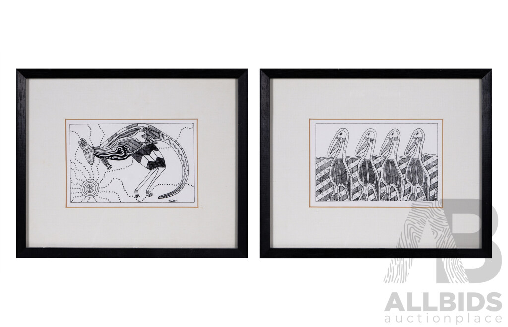 T. Smith, (20th Century, Indigenous-Australian), Dreamtime Kangaroo and Pelicans, Quality Reproductions of Original Inks on Paper, 22 X 27 Cm (frame) (2)