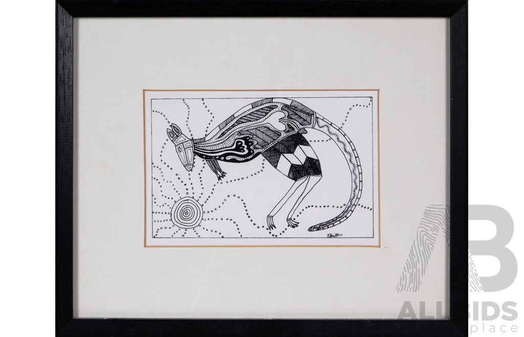 T. Smith, (20th Century, Indigenous-Australian), Dreamtime Kangaroo and Pelicans, Quality Reproductions of Original Inks on Paper, 22 X 27 Cm (frame) (2)