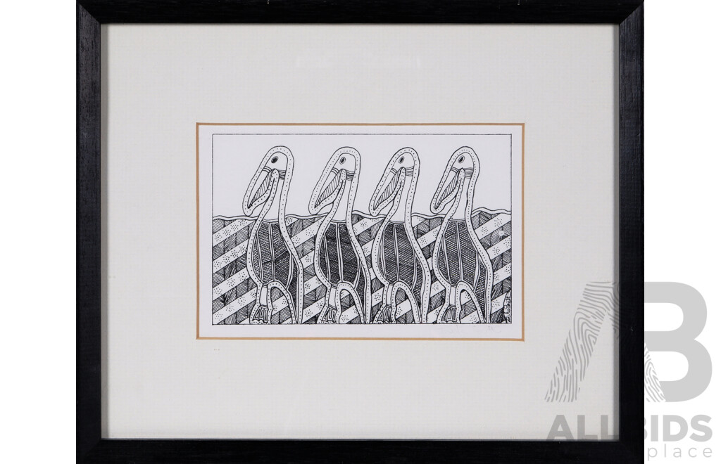 T. Smith, (20th Century, Indigenous-Australian), Dreamtime Kangaroo and Pelicans, Quality Reproductions of Original Inks on Paper, 22 X 27 Cm (frame) (2)