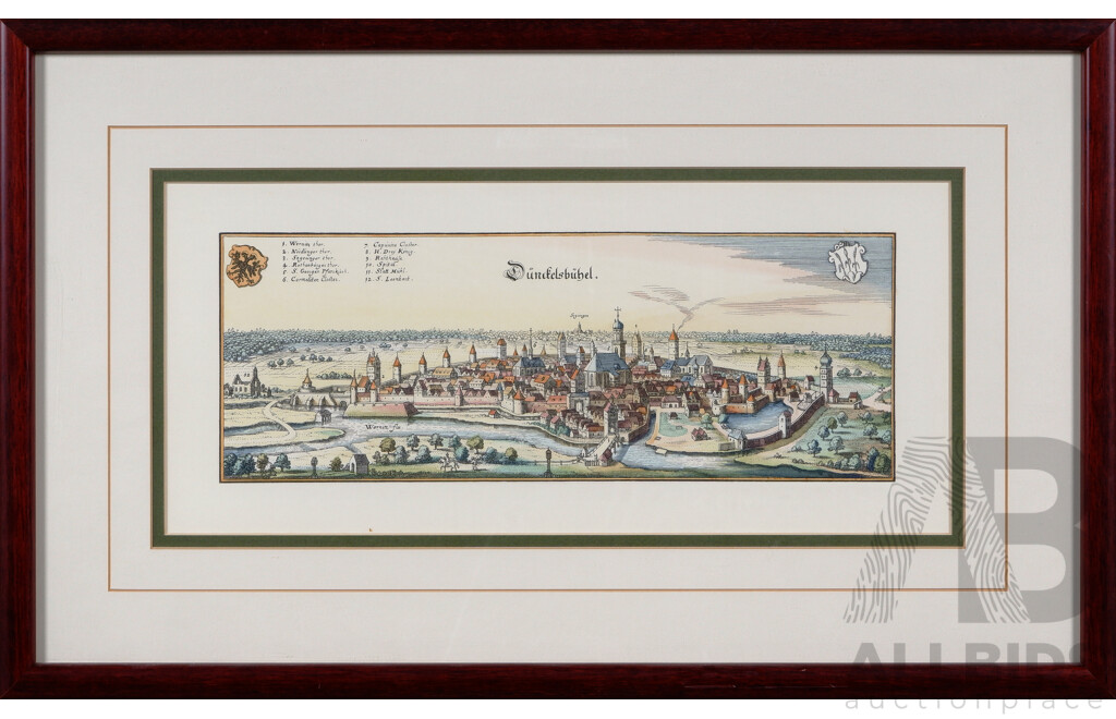 Matthäus Merian Der Ältere (Swiis-German,1593-1650), Panoramic View of Old Dinkelsbuhl, Bavaria, Germany, Hand Coloured Copper Plate Engraving of an Original, 32 x 52 cm (frame)