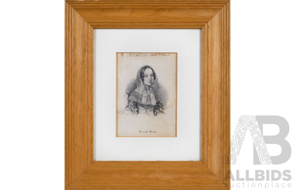 Artist Unknown, Portrait of Frederika Bremer, Finnish-Swedish Feminist, Writer, Reformer (1801-1865), Original Steel Engraving Print, (Likely c1870s), 23.5 x 20 cm (frame)
