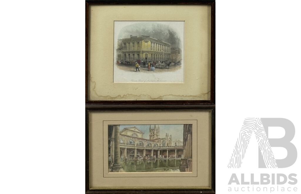 Arthur Willmore, (19th C., American, 1814-1888), Union Bank of Australia, Melbourne, Hand Coloured Engraving (c1860), 24.5 x 29.5 cm (frame) & Bath, Avon Print, 18 X 24 Cm (frame) (2)