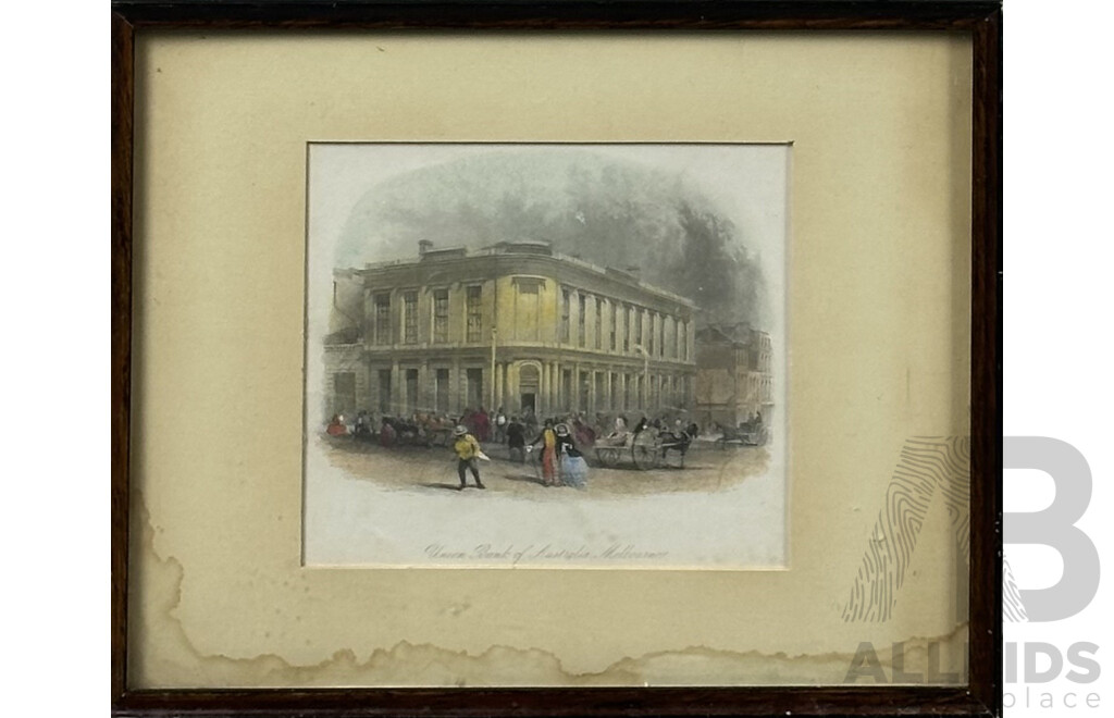 Arthur Willmore, (19th C., American, 1814-1888), Union Bank of Australia, Melbourne, Hand Coloured Engraving (c1860), 24.5 x 29.5 cm (frame) & Bath, Avon Print, 18 X 24 Cm (frame) (2)