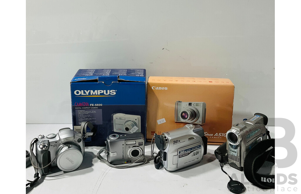 Collection of Digital Cameras Including Olympus FE-5500 Digital Camera and Canon Powershot A510 Both in Original Box and Several Others