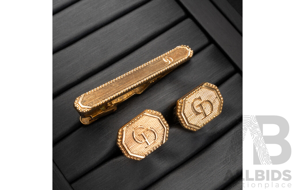 Christian Dior Vintage Cuff Link & Tie Bar Set, Gold Tone, Boxed