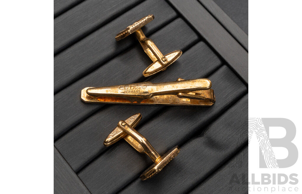 Christian Dior Vintage Cuff Link & Tie Bar Set, Gold Tone, Boxed