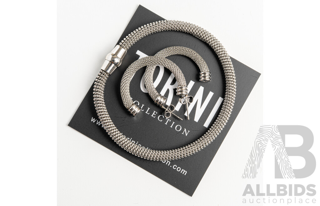 NEW - Torini Collection Silver Tone Mesh Bangle with Magnetic Clasp & Matching Hoop Earrings