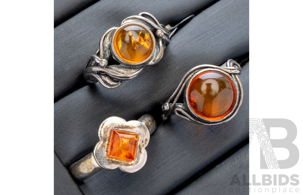 Vintage (3) Sterling Silver Baltic Amber Cabochon Rings, Sizes K, M & P, 16.0 Grams