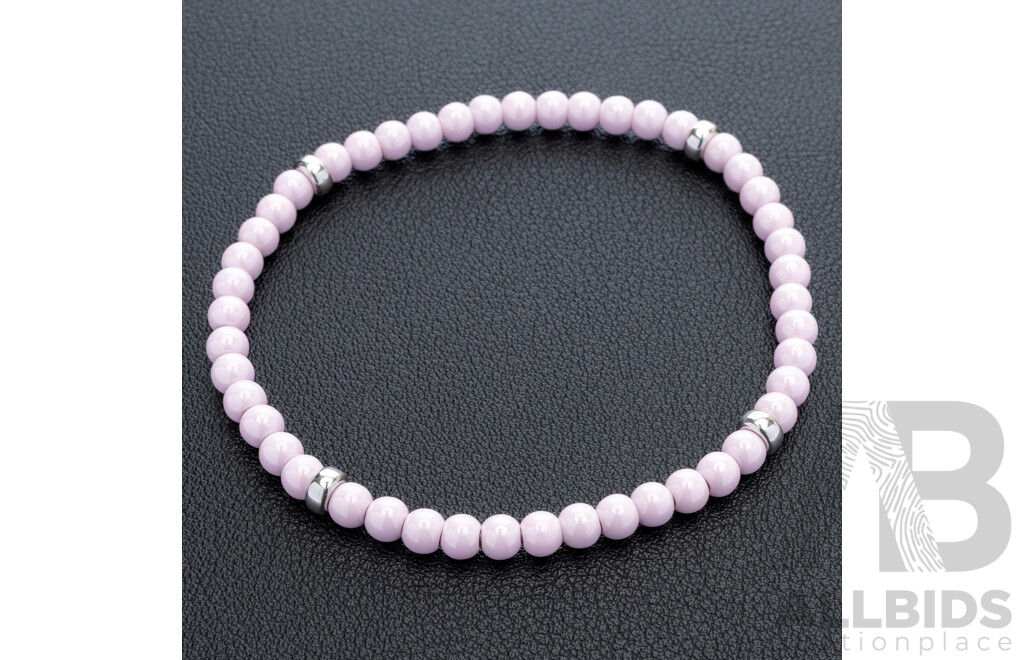 NEW - Sterling Silver Pink Porcelain Stretch Bracelet, 20cm, Made In Spain