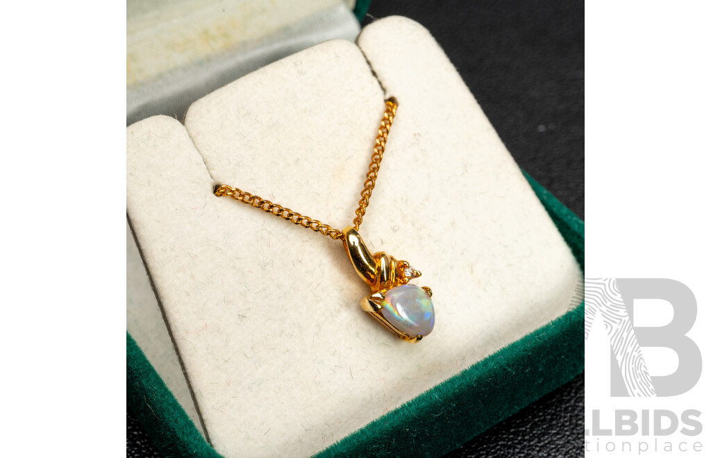 NEW - 18ct Australian Opal & Diamond Set Pendant, 15mm Long, 1.16 Grams