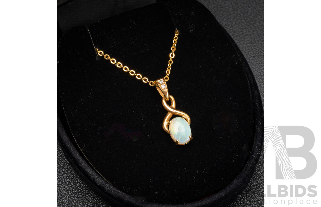 NEW - 18ct Australian Opal & Diamond Set Pendant, 20mm Long, 1.41 Grams