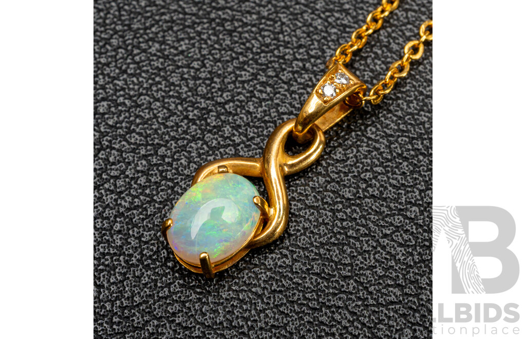 NEW - 18ct Australian Opal & Diamond Set Pendant, 20mm Long, 1.41 Grams