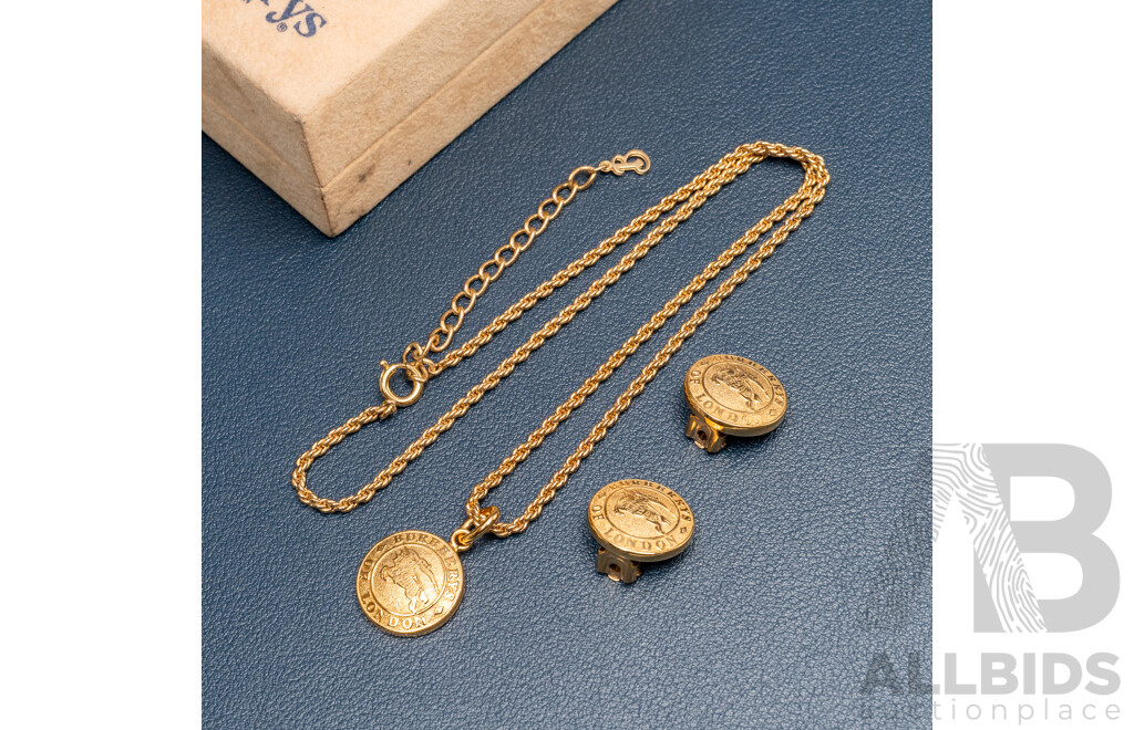 Burberrys of London Coin Insignia Clip on Earrings & Pendant Set, Gold Tone, as New in Box