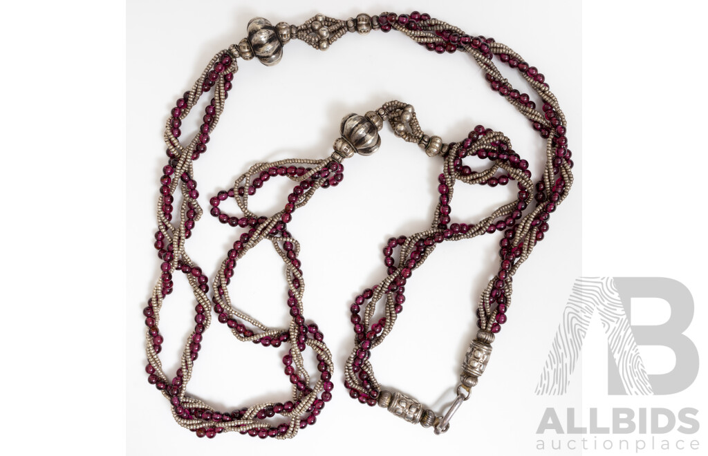 Silver (500) Tribal Garnet Beaded Rope Twist Necklace, 70cm