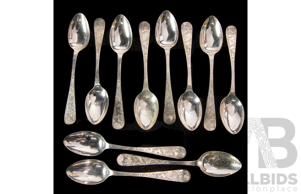 Set Eleven Antique Sterling Silver Teaspoons with Engraved Detail and Monogram H to Handle, Sheffield 1901